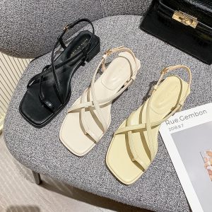 Giày Sandal Xỏ Ngón Đế Phẳng Gót Dày Mùa Hè Có Khóa Cài Phong Cách Roman Cho Nữ SD-0304, Rosa fashion